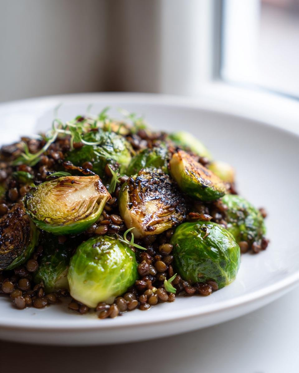 Gebratener Rosenkohl mit Berglinsen, angerichtet auf einem weißen Teller, mit leicht karamellisierten Röschen.