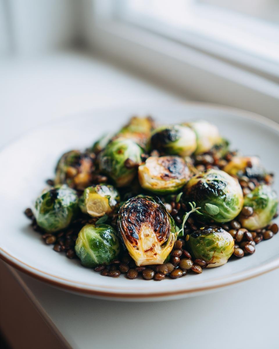 Nahaufnahme von gebratenem Rosenkohl mit Berglinsen auf einem weißen Teller.