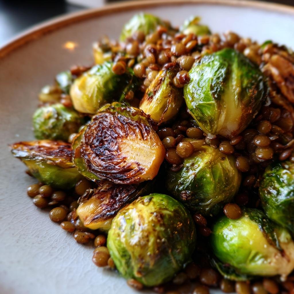 Nahaufnahme von gebratenem Rosenkohl mit Berglinsen auf einem Teller, perfekt für das Rezept Gebratener Rosenkohl mit Berglinsen.