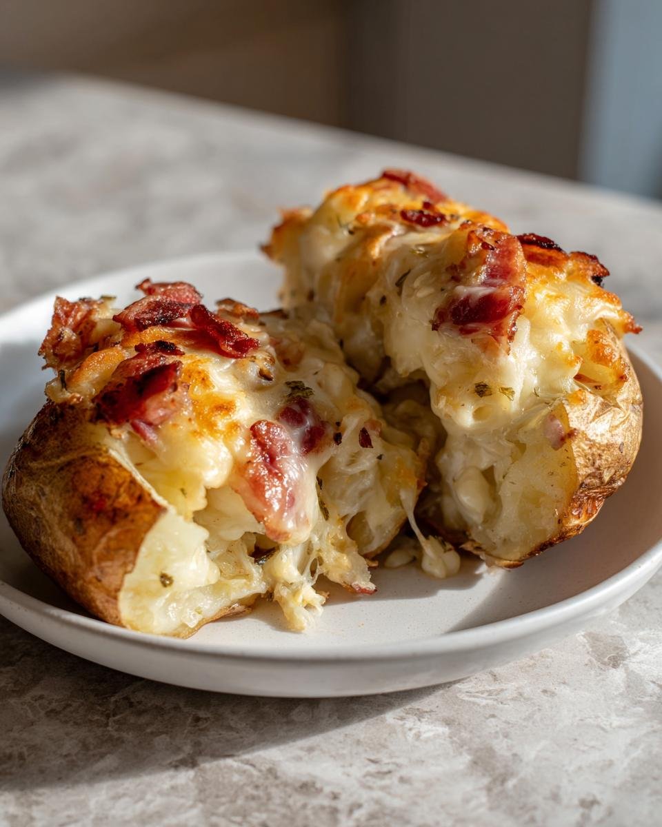 Aufgeschnittene, gefüllte Kartoffeln nach Flammkuchen-Art mit geschmolzenem Käse und Speck auf einem Teller.