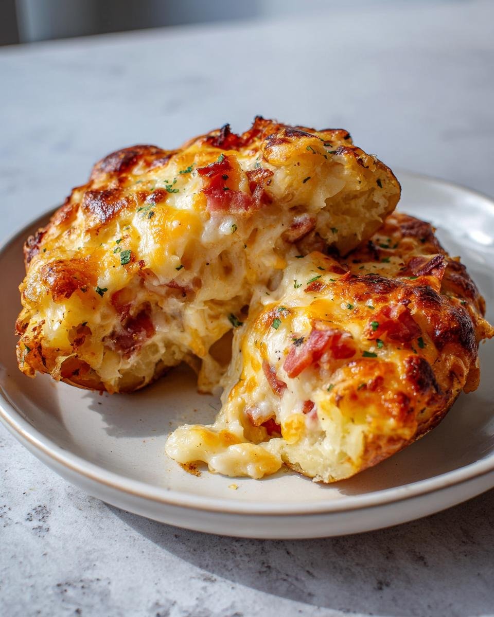 Aufgeschnittene Gefüllte Kartoffeln nach Flammkuchen-Art mit geschmolzenem Käse und Speckstücken.
