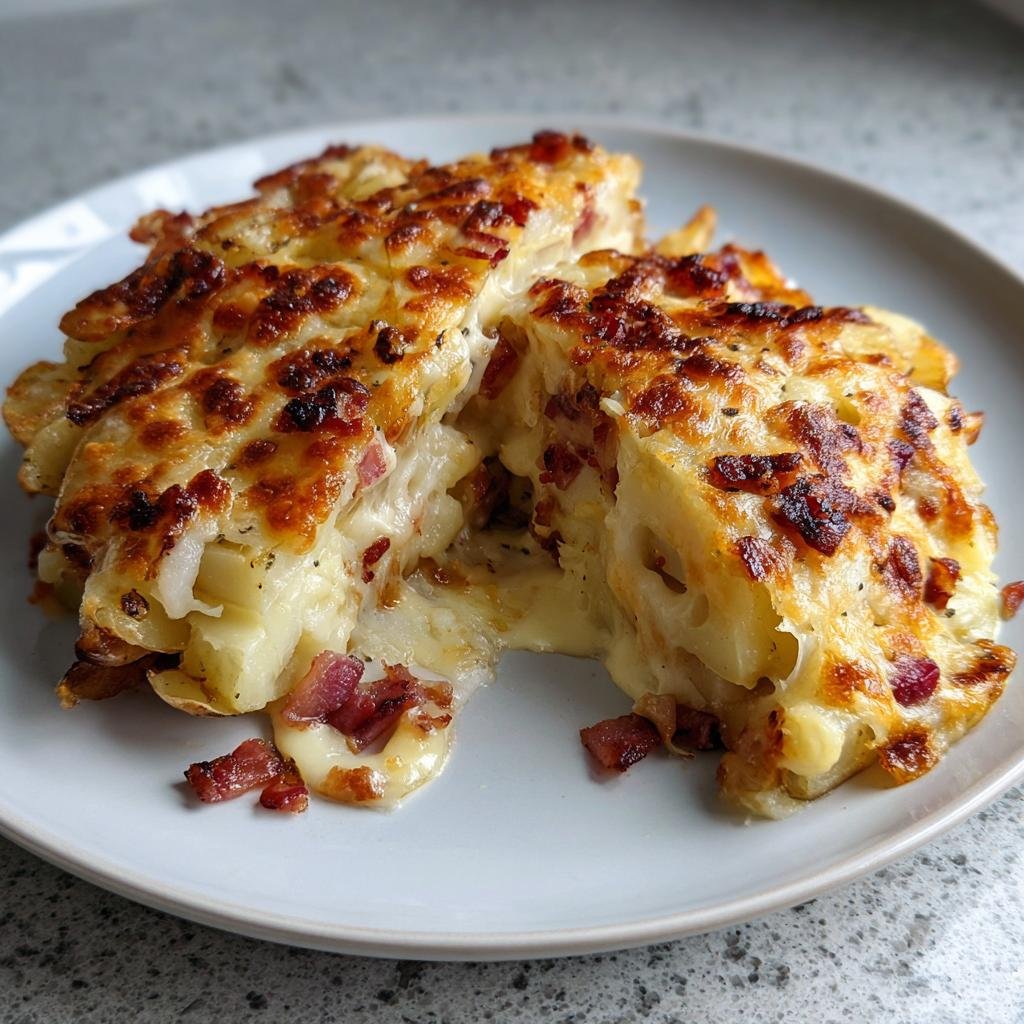 Zwei Stücke Gefüllte Kartoffeln nach Flammkuchen-Art mit geschmolzenem Käse und Speckwürfeln auf einem Teller.