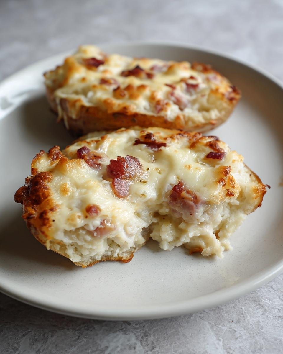 Zwei Hälften Gefüllte Kartoffeln nach Flammkuchen-Art, überbacken mit Käse und Speckwürfeln auf einem Teller.