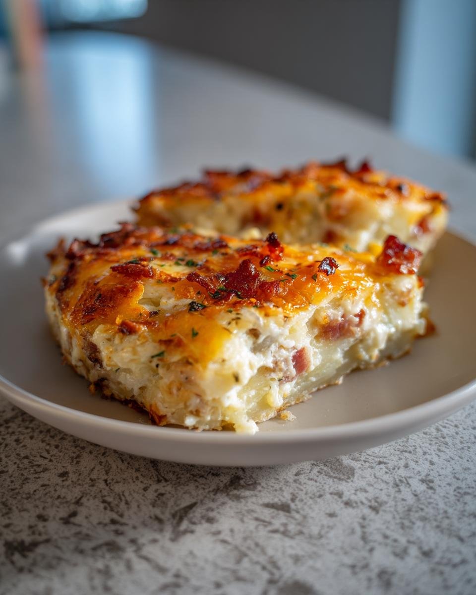 Zwei Stücke Gefüllte Kartoffeln nach Flammkuchen-Art mit goldbraun gebackener Käse-Speck-Kruste auf einem Teller.