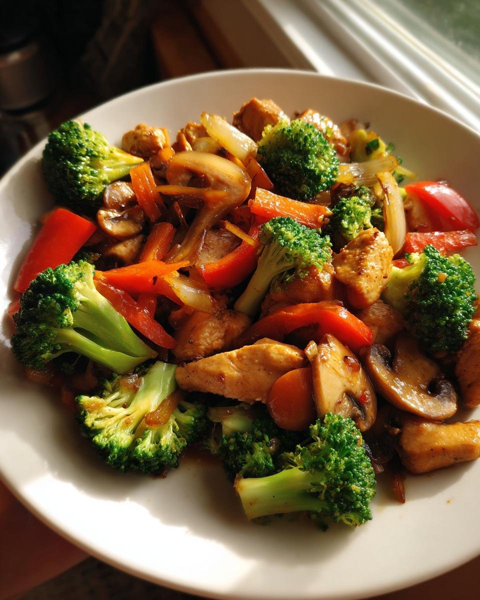 Nahaufnahme einer fertigen Gemüsepfanne mit Huhn, leuchtendem Brokkoli, roten Paprika und Pilzen auf einem weißen Teller.