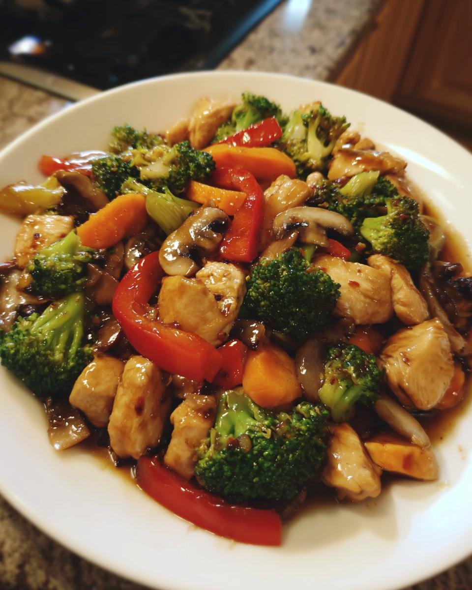 Nahaufnahme einer fertigen Gemüsepfanne mit Huhn, Brokkoli, Karotten und Paprika in dunkler Soße.