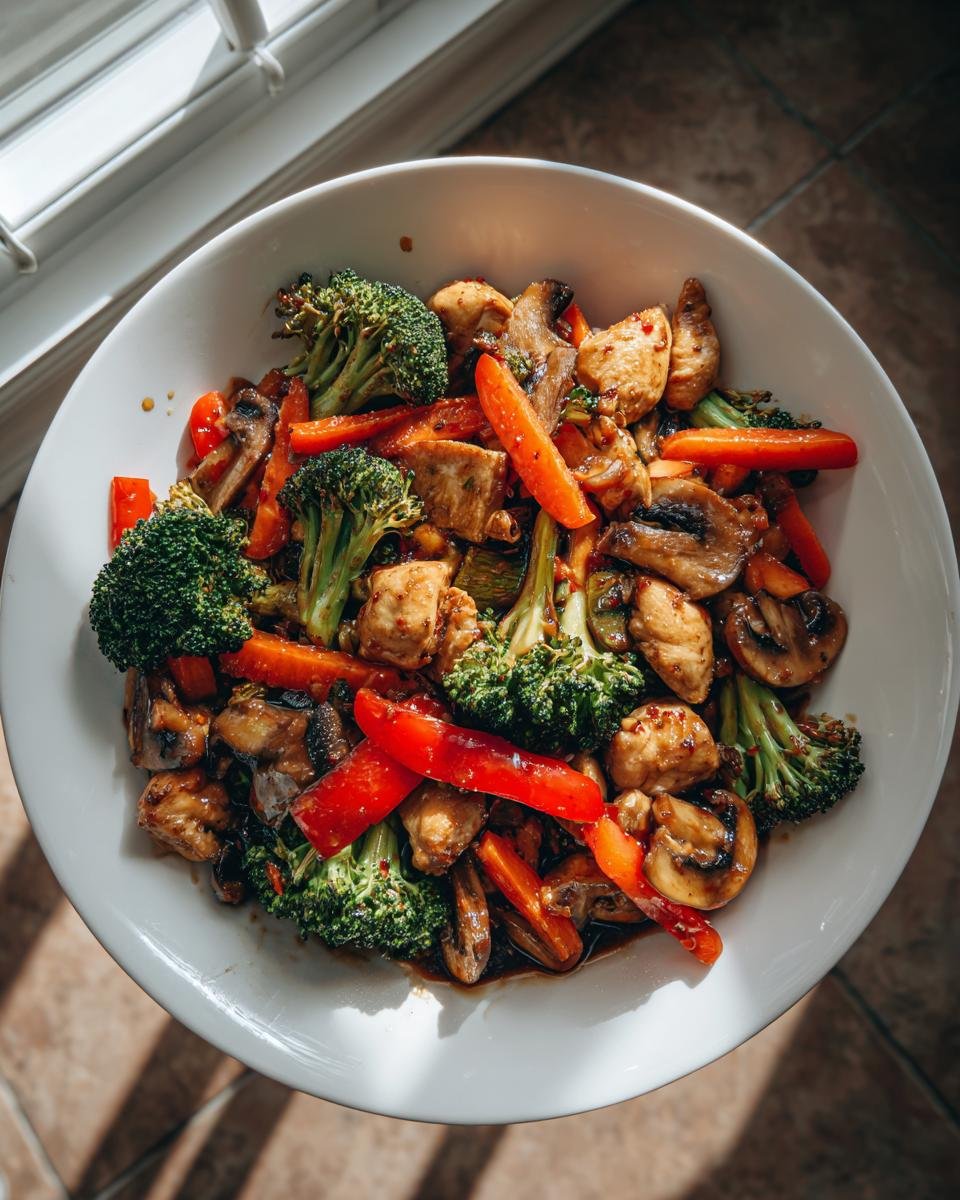 Nahaufnahme einer dampfenden Gemüsepfanne mit Huhn, Brokkoli, roten Paprika und Pilzen in einer weißen Schüssel.