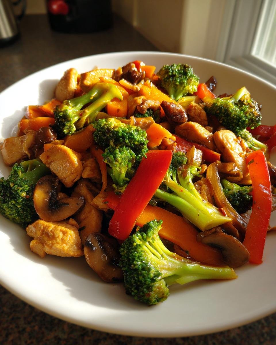 Nahaufnahme einer bunten Gemüsepfanne mit Huhn, Brokkoli, roten Paprika und Pilzen auf einem weißen Teller.