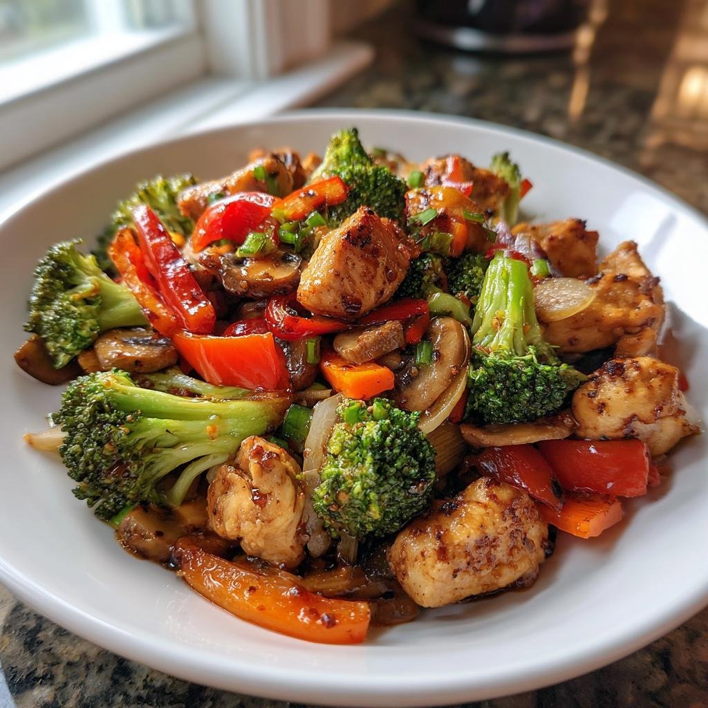 Nahaufnahme einer leckeren Gemüsepfanne mit Huhn, Brokkoli, Paprika und Pilzen in einer weißen Schüssel.