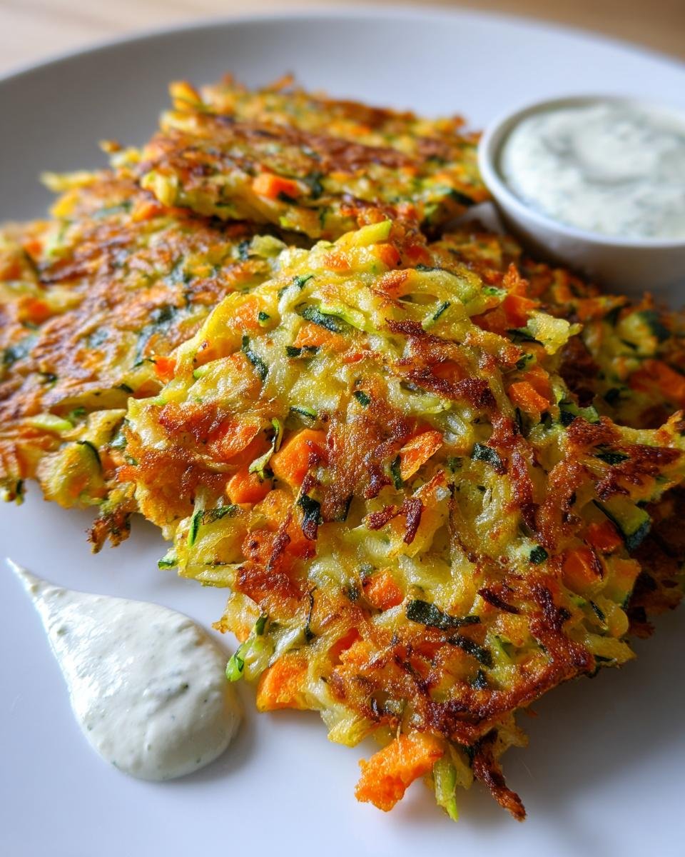 Mehrere goldbraun gebratene Gemüseschmarrn mit Karotten- und Zucchinifäden, serviert mit Kräuterdip.