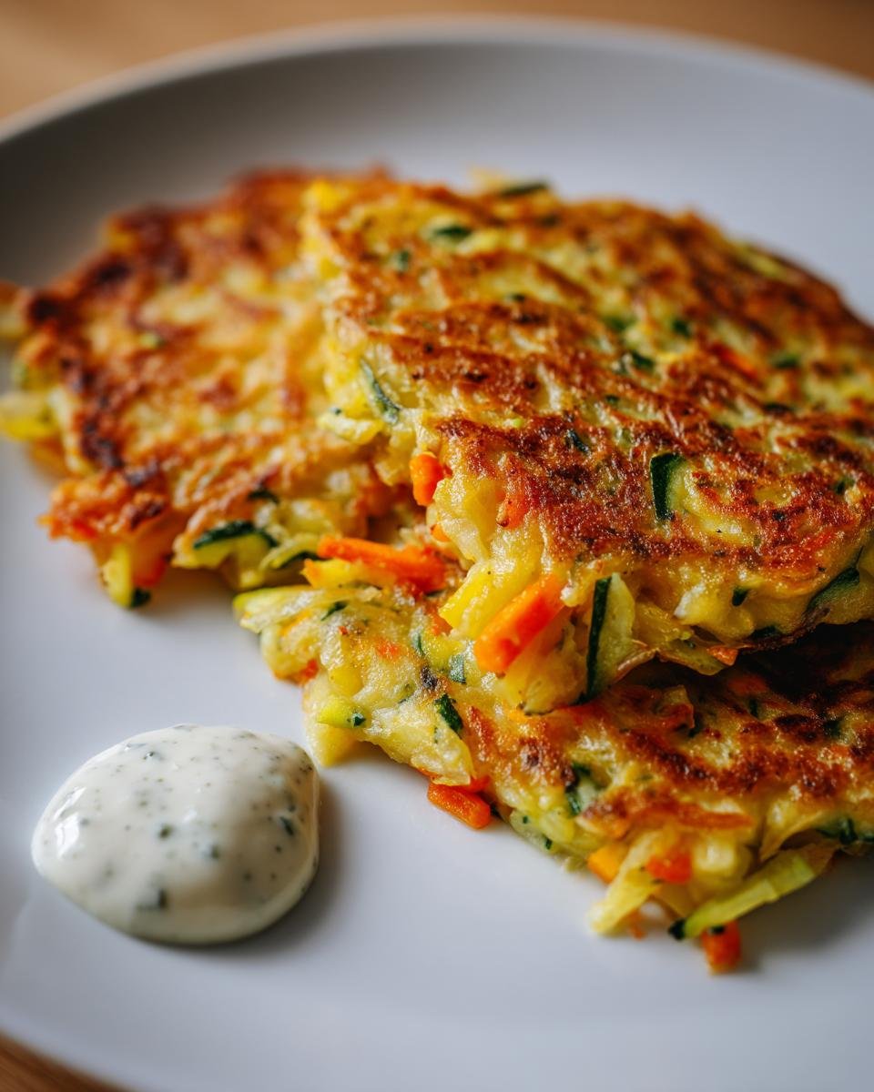 Zwei goldbraun gebratene Gemüseschmarrn mit Karotten- und Zucchiniresten, serviert mit einem Klecks Kräuterdip.