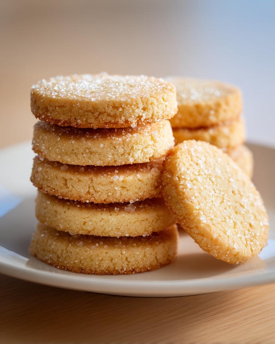 Stapel von runden, goldbraunen Butterplätzchen, bestreut mit grobem Zucker.