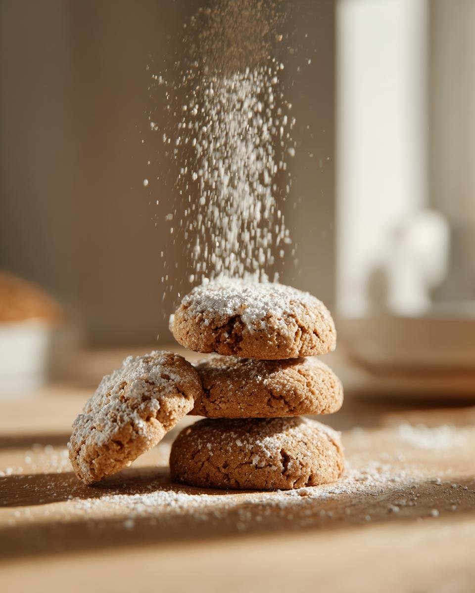 Stapel von vier braunen Plätzchen, die mit Puderzucker bestäubt werden – ideal für GESUNDE WEIHNACHTSPLÄTZCHEN.