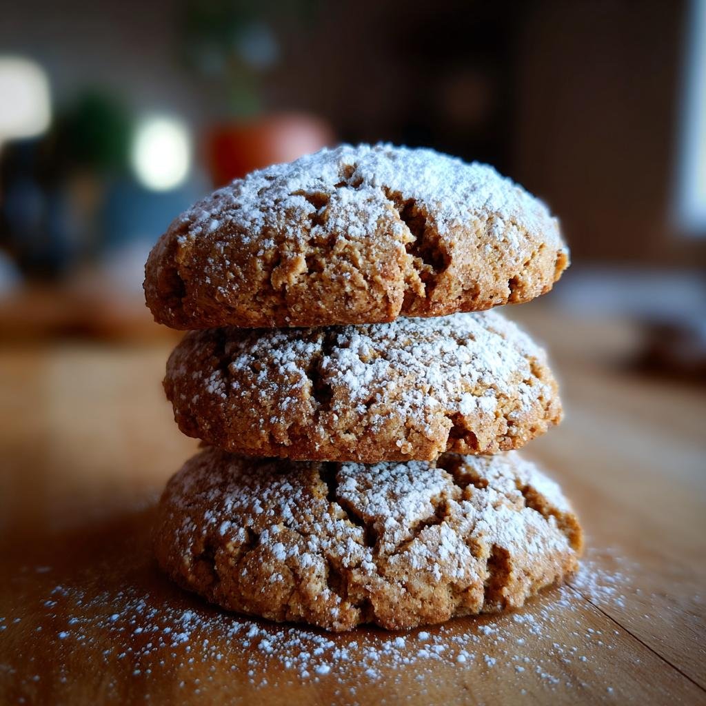 Drei gestapelte, braune GESUNDE WEIHNACHTSPLÄTZCHEN, bestäubt mit weißem Puderzucker auf Holz.