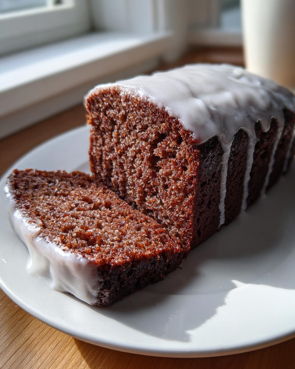 Anschnitt eines Laibs GESUNDER LEBKUCHEN mit weißem Zuckerguss auf einem weißen Teller.