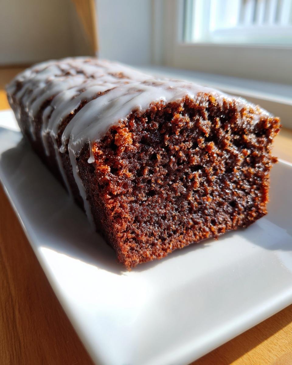 Anschnitt eines dunklen, saftigen GESUNDER LEBKUCHEN mit weißem Zuckerguss auf einem weißen Teller.