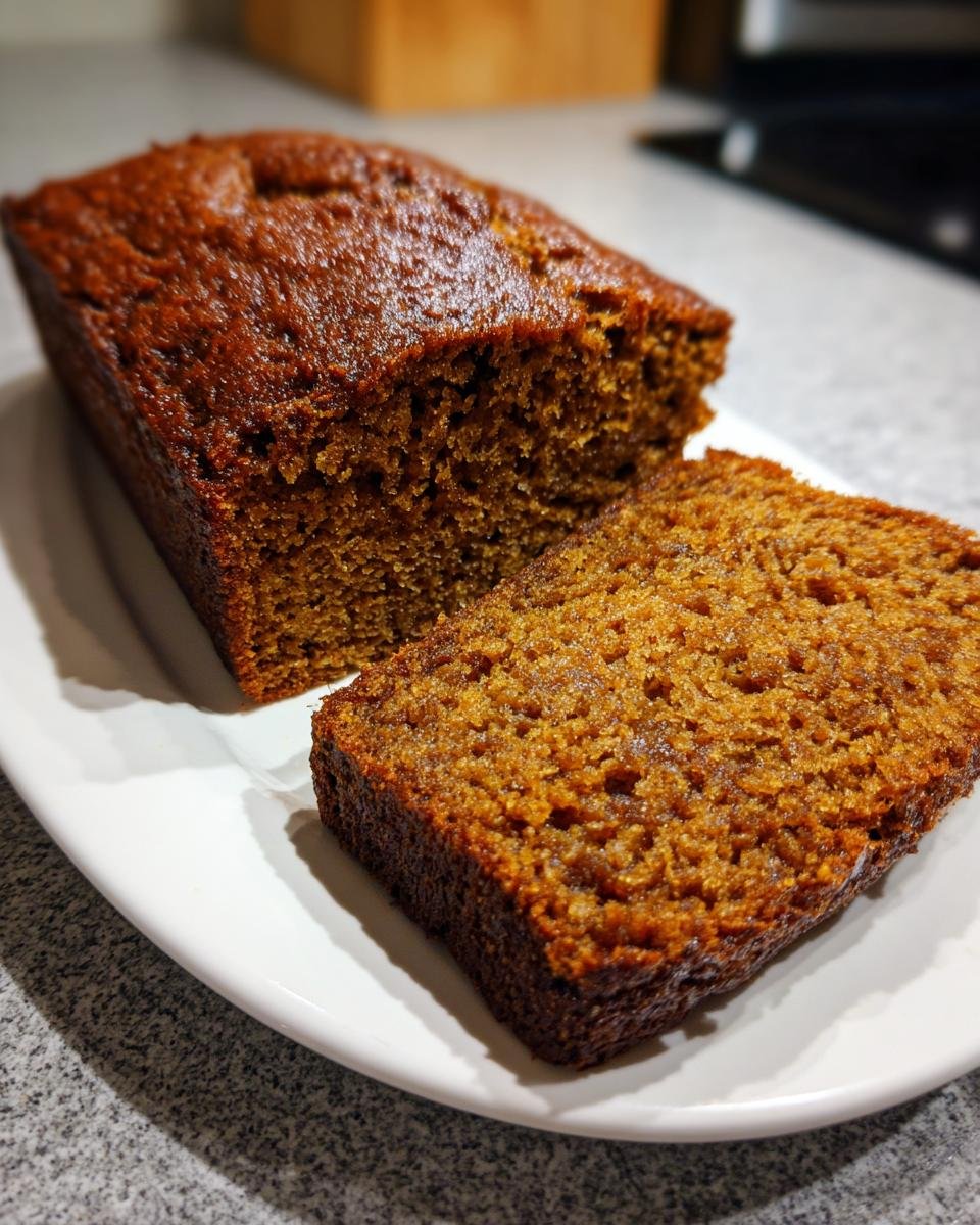 Ein Laib dunkler, saftiger Gewürzkuchen nach Anthony William, von dem ein Stück abgeschnitten ist.
