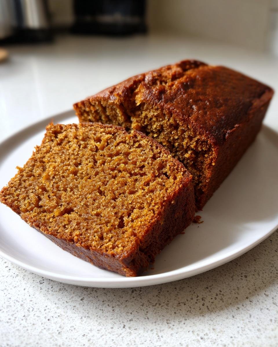 Nahaufnahme eines angeschnittenen, saftigen Gewürzkuchen nach Anthony William auf einem weißen Teller.