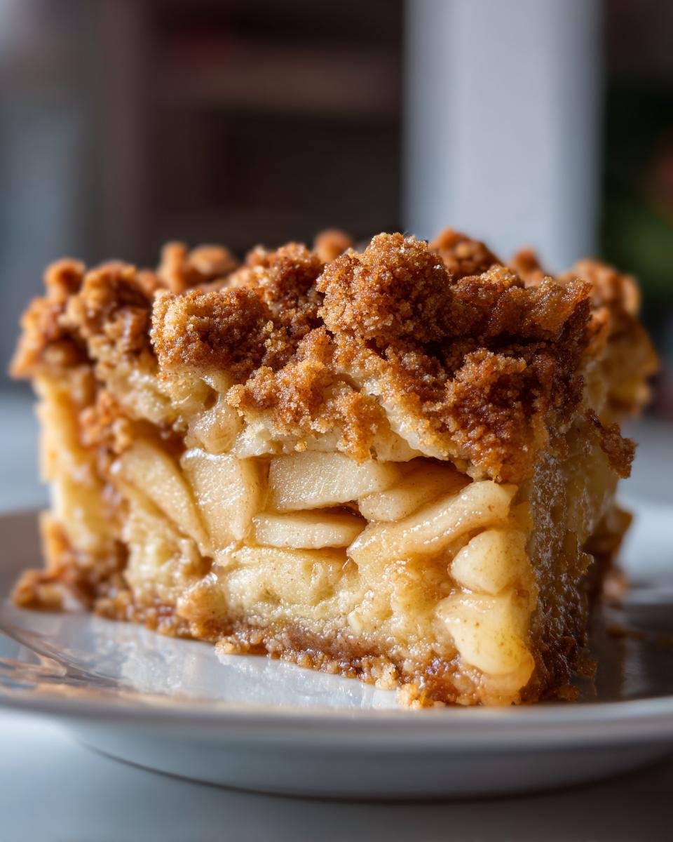 Nahaufnahme eines Stücks glutenfreier Apfelkuchen mit Streuseln, das die saftigen Apfelschichten zeigt.
