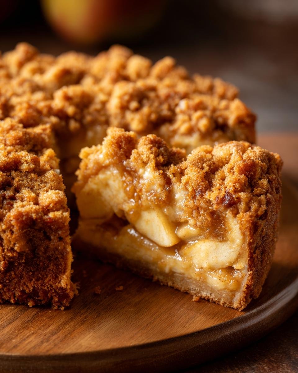 Ein Stück glutenfreier Apfelkuchen mit Streuseln, gefüllt mit karamellisierten Äpfeln, angeschnitten auf einem Holzbrett.