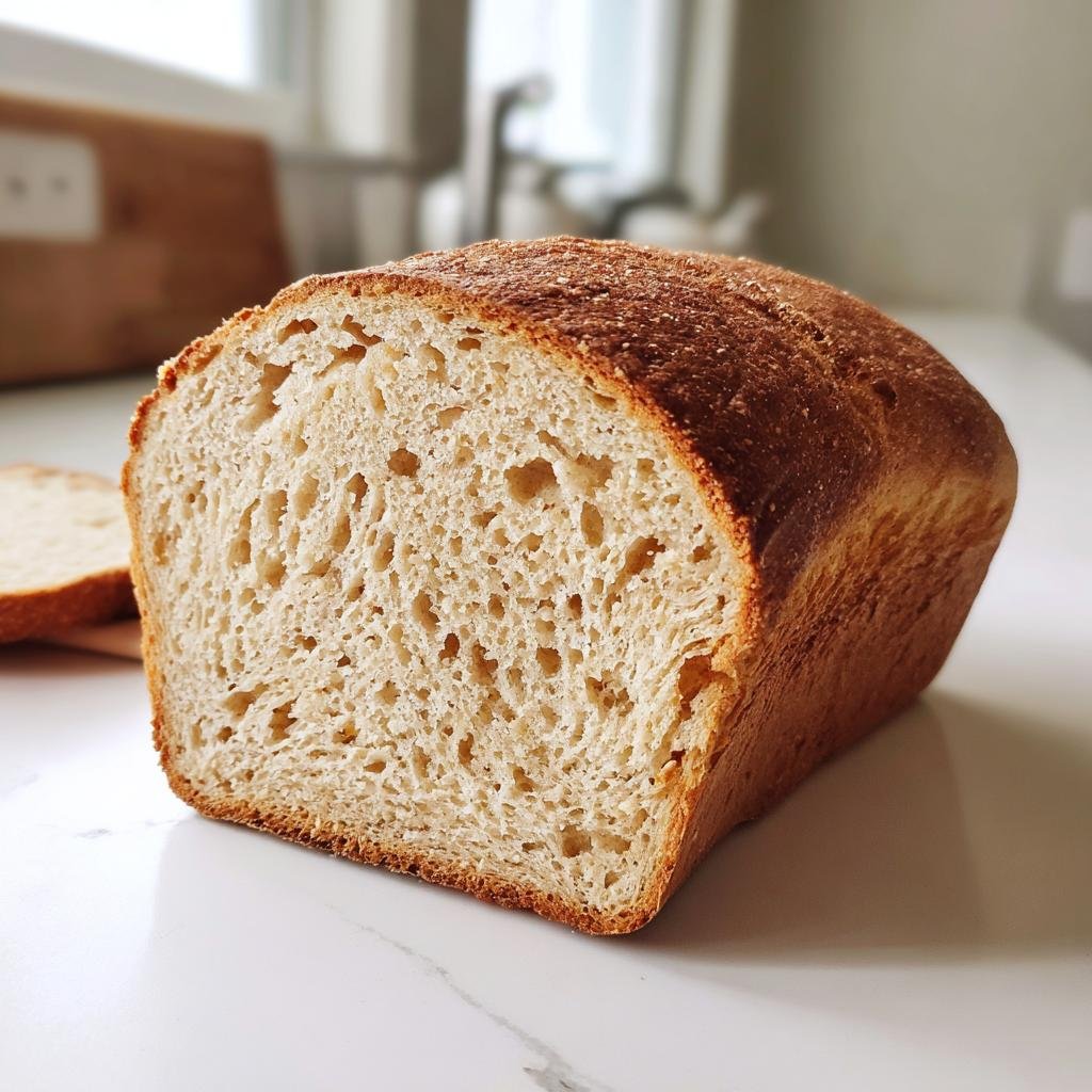 Nahaufnahme eines frisch gebackenen Laibs Glutenfreies Brot, aufgeschnitten, mit gut sichtbarer Porung.