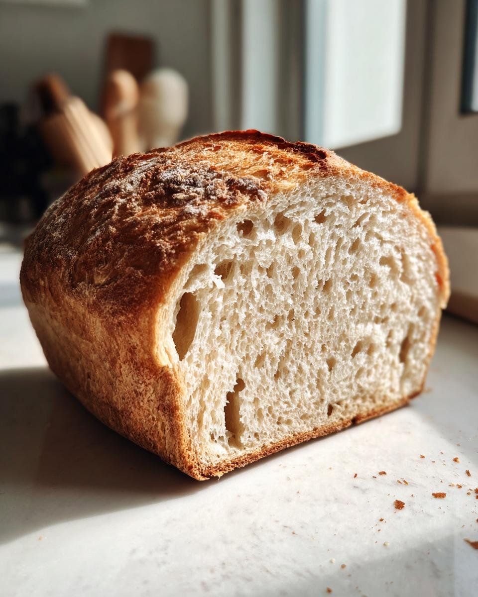 Nahaufnahme eines frisch gebackenen, aufgeschnittenen Glutenfreies Brot, das eine helle Krume zeigt.