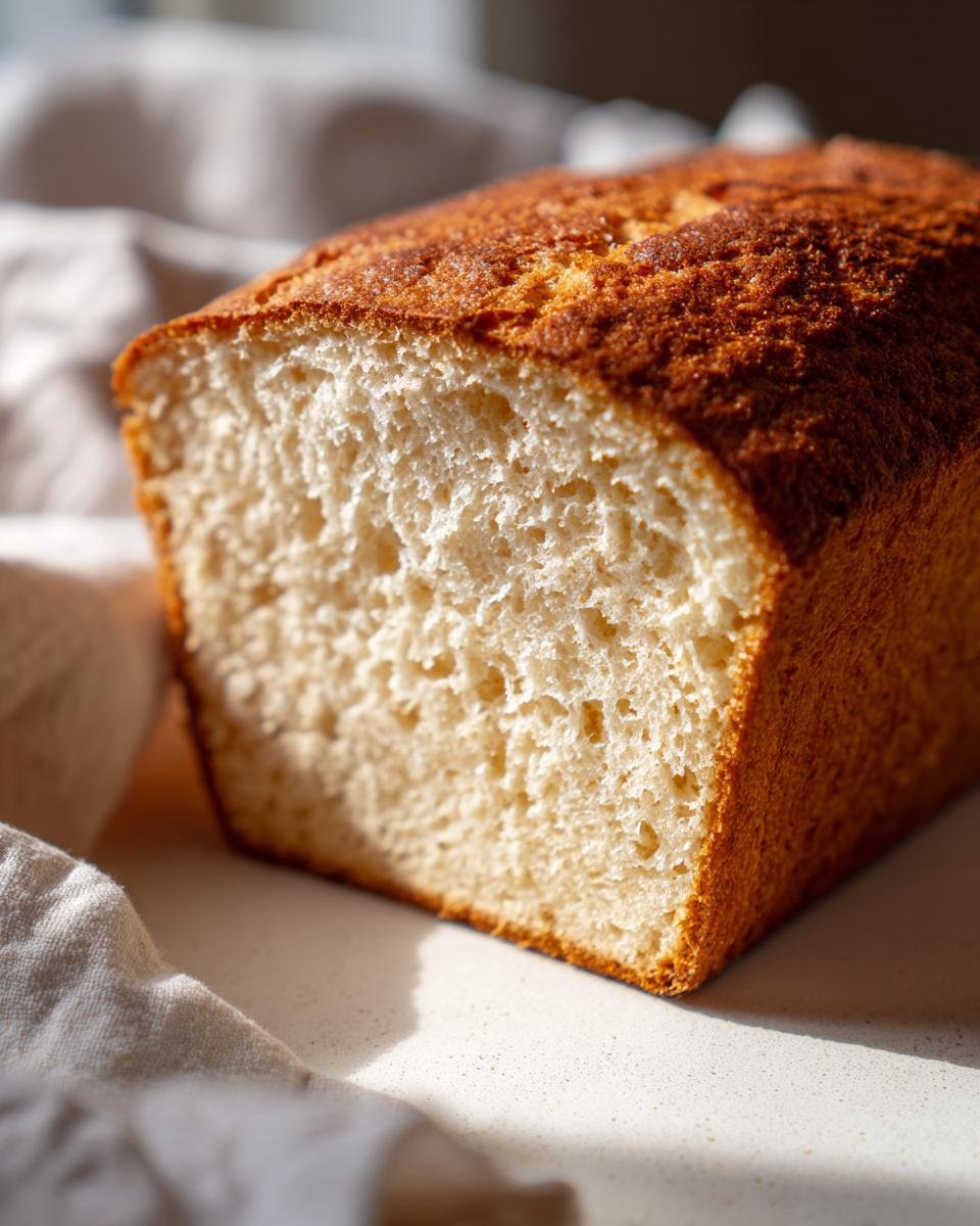 Nahaufnahme eines frisch gebackenen Laibs Glutenfreies Brot backen mit goldbrauner Kruste und weicher Krume.