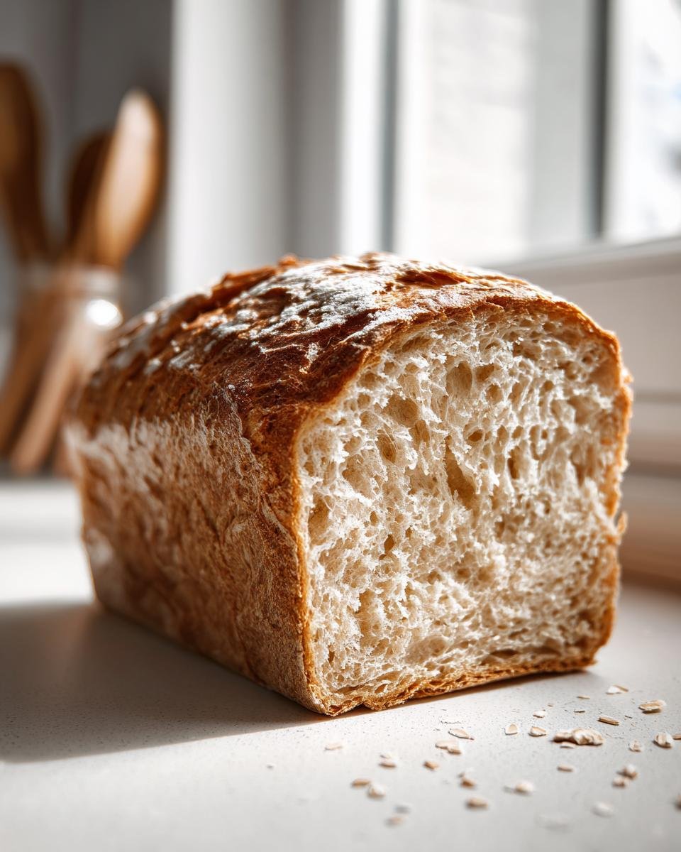 Nahaufnahme eines frisch gebackenen Laibs Glutenfreies Brot backen mit goldbrauner Kruste und weicher Krume.