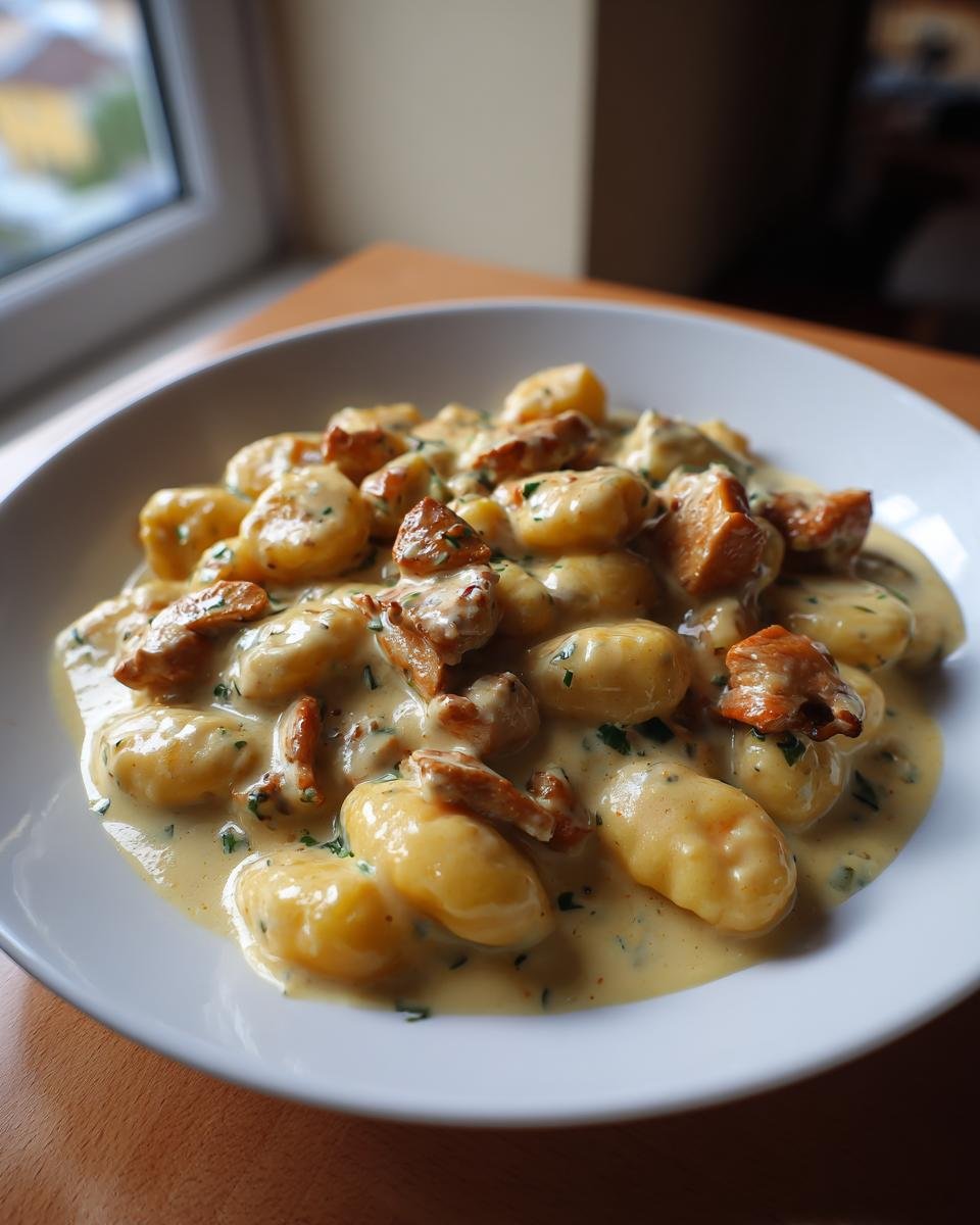 A white bowl filled with creamy Gnocchi z Kurczakiem, featuring tender gnocchi and pieces of chicken in a rich sauce.