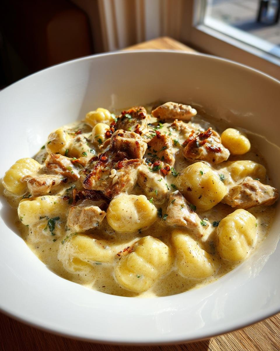 Close-up of Gnocchi z Kurczakiem served in a rich, creamy sauce with pieces of chicken and herbs.