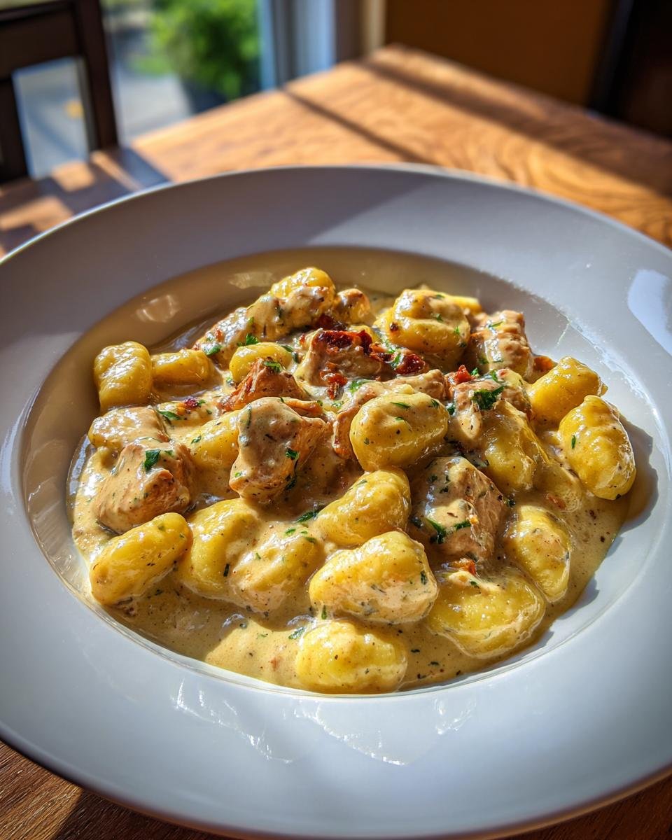 A close-up of creamy Gnocchi z Kurczakiem served in a white bowl, rich with sauce and chicken pieces.