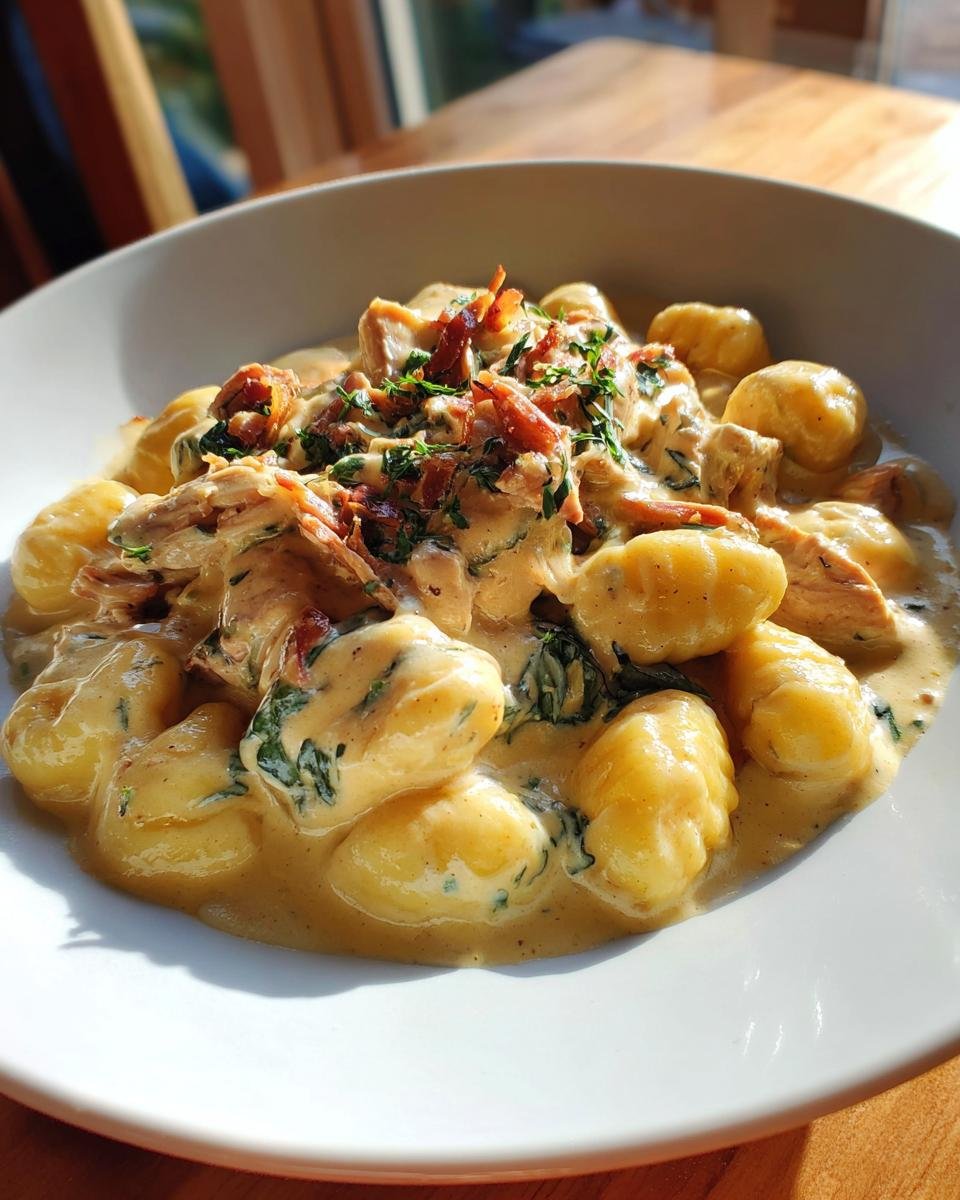 Close-up of Gnocchi z Kurczakiem served in a creamy sauce with spinach and topped with crispy bacon bits.
