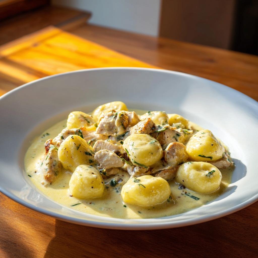 A white bowl filled with Gnocchi z Kurczakiem in a creamy yellow sauce, garnished with herbs.