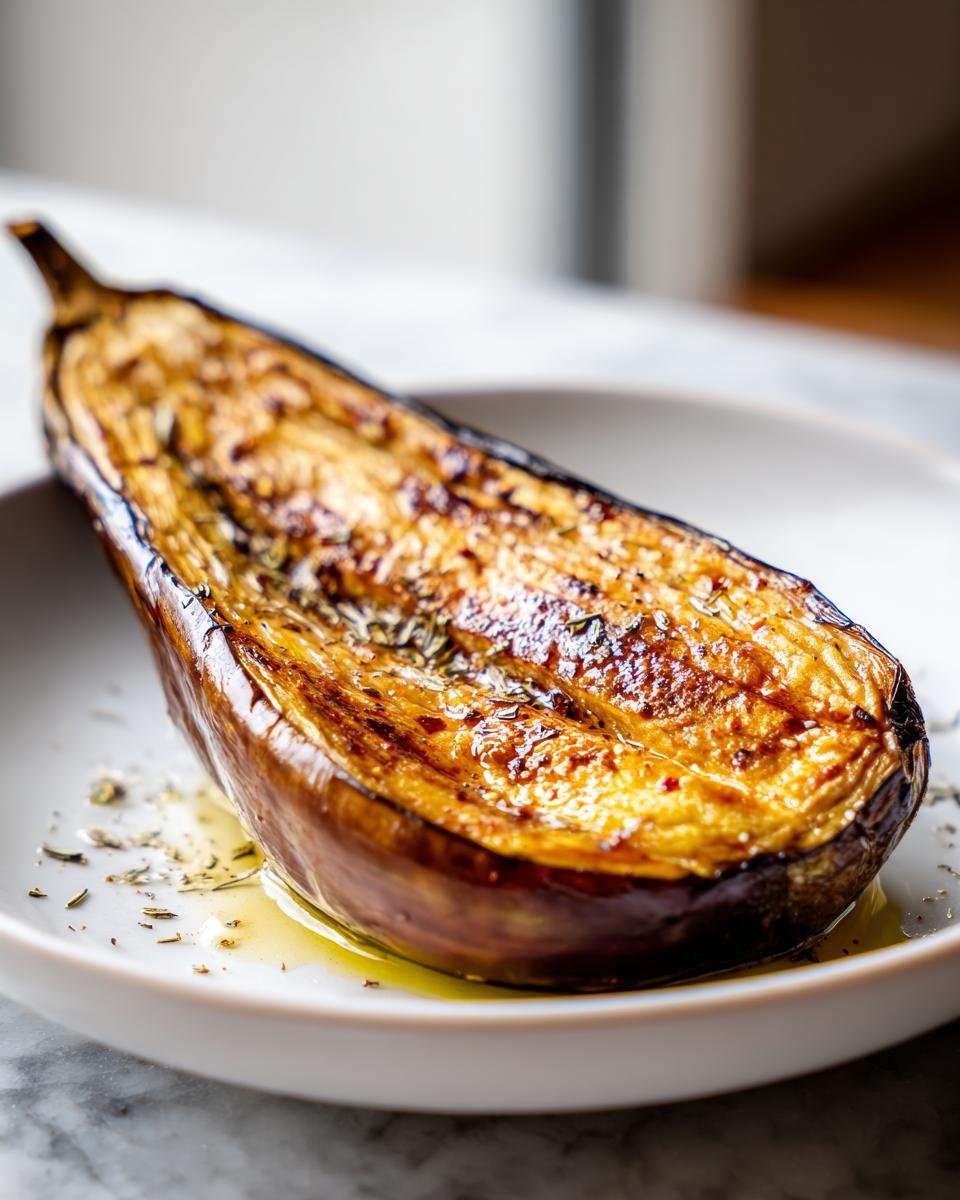 Eine halbierte, goldbraune Ofen-Aubergine, knusprig und zart, auf einem weißen Teller mit Öl und Kräutern.