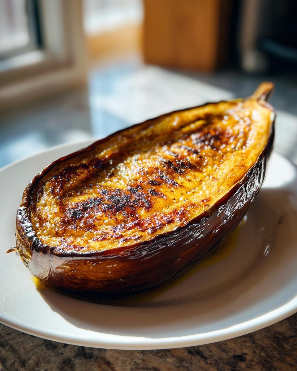 Eine halbierte, im Ofen gebackene Aubergine mit goldbrauner, leicht karamellisierter Oberfläche, die auf einem weißen Teller liegt.