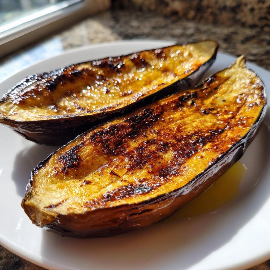 Zwei Hälften Goldbraune Ofen-Aubergine mit karamellisierter Oberfläche auf einem weißen Teller.