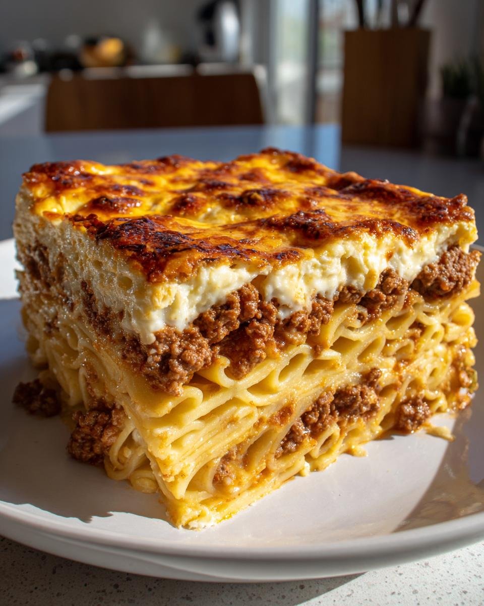 Ein saftiges Stück Griechischer Nudelauflauf mit geschichteten Nudeln, Hackfleisch und goldbrauner Béchamelsauce.