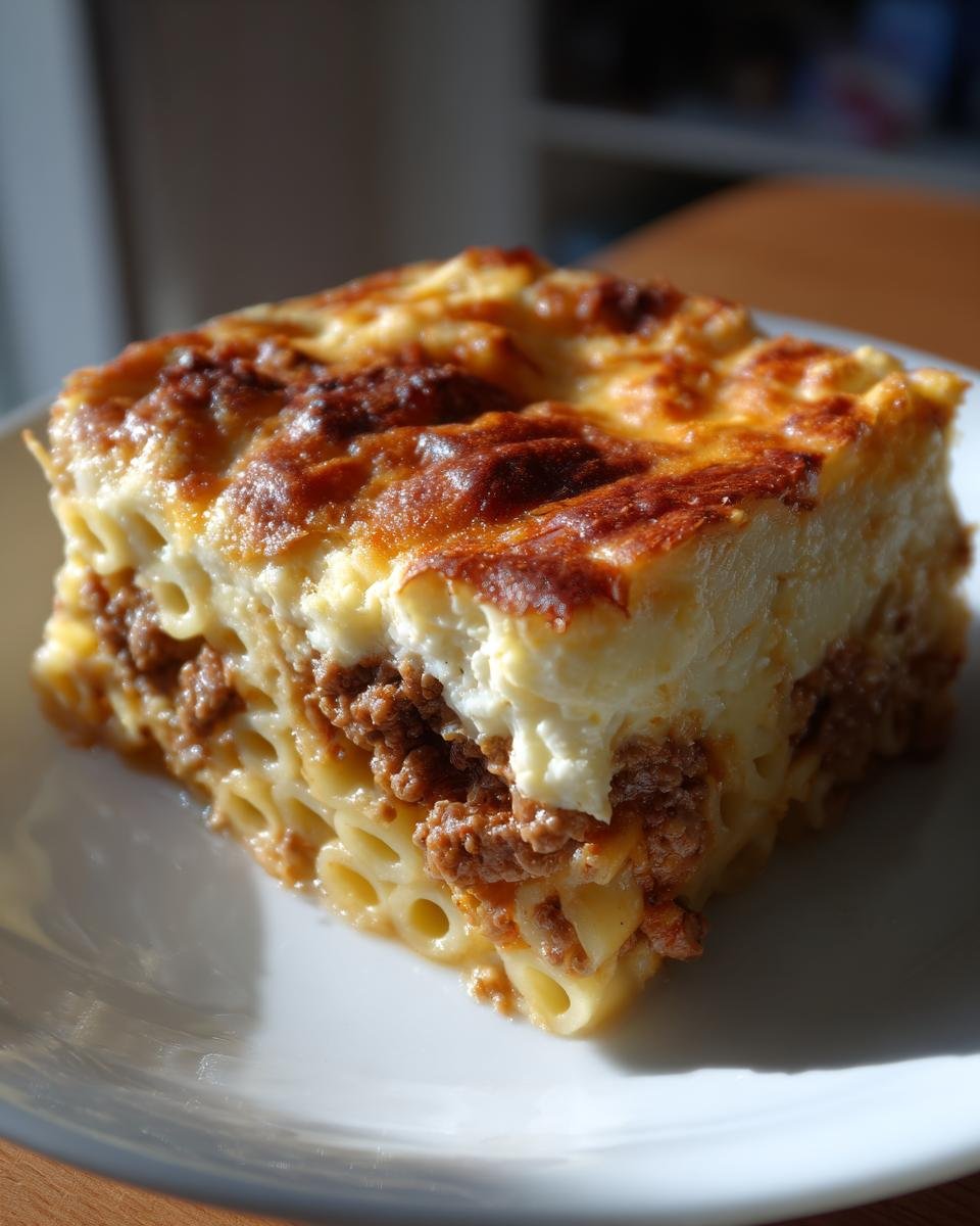 Ein goldbraun gebackenes Stück Griechischer Nudelauflauf mit Hackfleisch und cremiger Béchamelschicht auf einem weißen Teller.