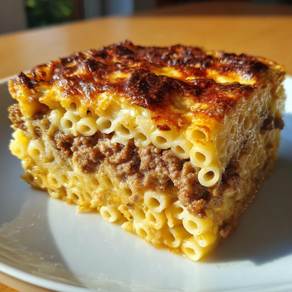 Nahaufnahme eines cremigen Stücks Griechischer Nudelauflauf mit Hackfleisch und goldbraun gebackener Käsekruste.