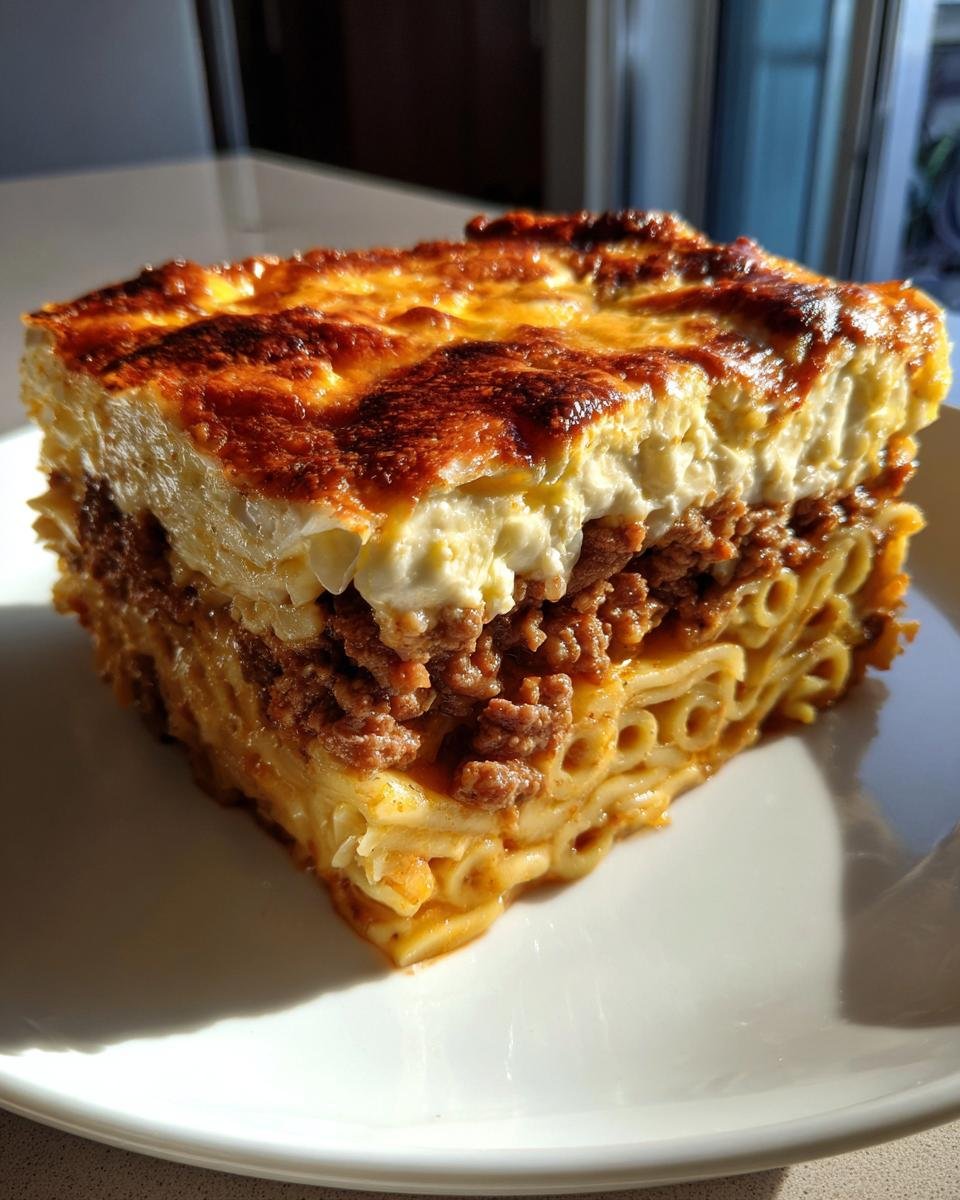 Ein saftiges Stück Griechischer Nudelauflauf mit Hackfleisch und goldbrauner Béchamelschicht auf einem weißen Teller.