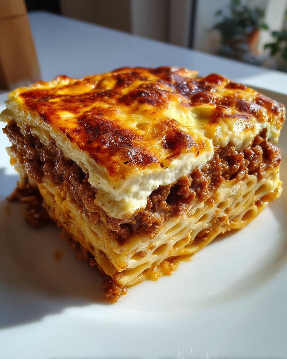 Nahaufnahme eines perfekt gebackenen Stücks Griechischer Nudelauflauf mit goldbrauner Béchamelschicht.