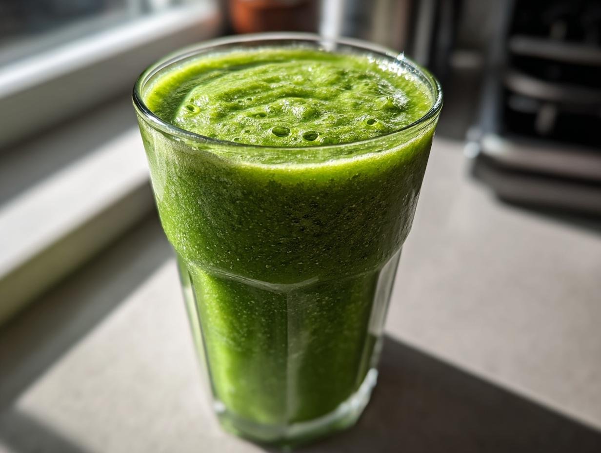 Nahaufnahme eines hohen Glases mit einem leuchtend grünen SUPERDRINK ZUM ABNEHMEN, der frisch gemixt aussieht.