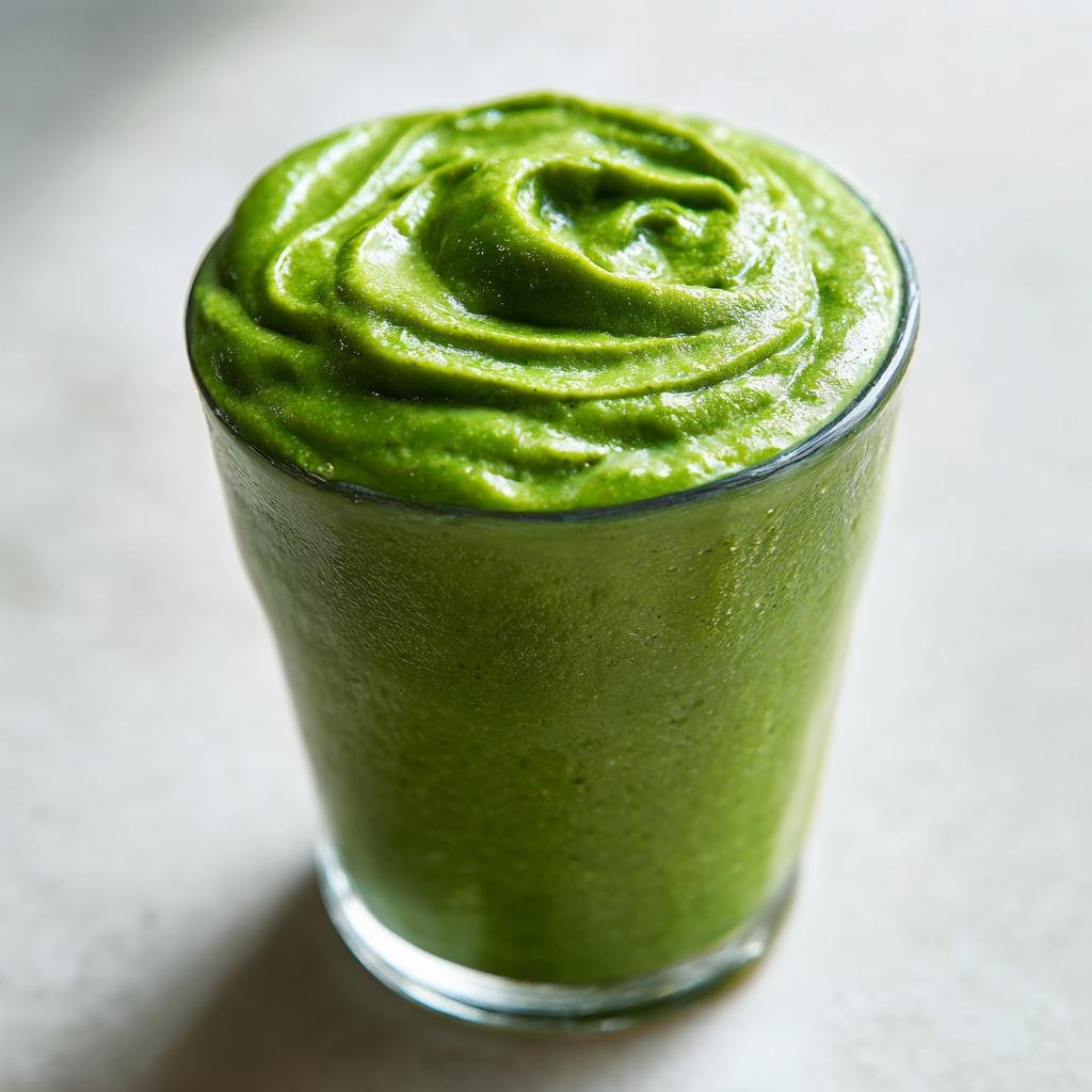 Nahaufnahme eines dicken, grünen SUPERDRINK ZUM ABNEHMEN mit einer wirbelnden Textur obenauf in einem Glas.