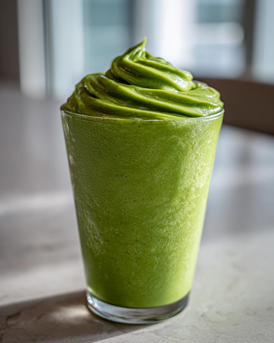 Ein hohes Glas mit einem dicken, grünen SUPERDRINK ZUM ABNEHMEN mit einer wirbelnden Haube.