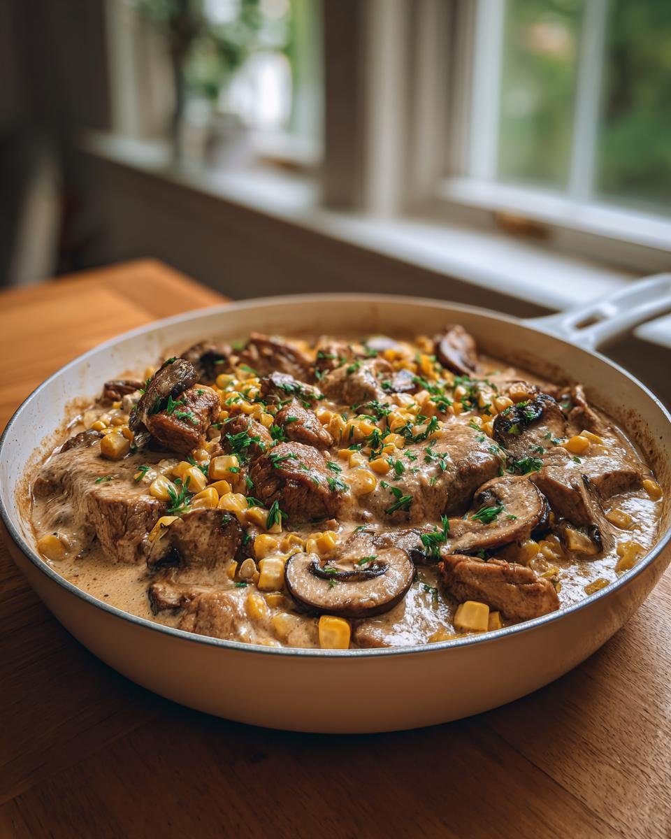 Fertige Gyros-Pfanne mit Frischkäse, Fleischstücken, Pilzen und Mais in einer cremigen Sauce, garniert mit Petersilie.