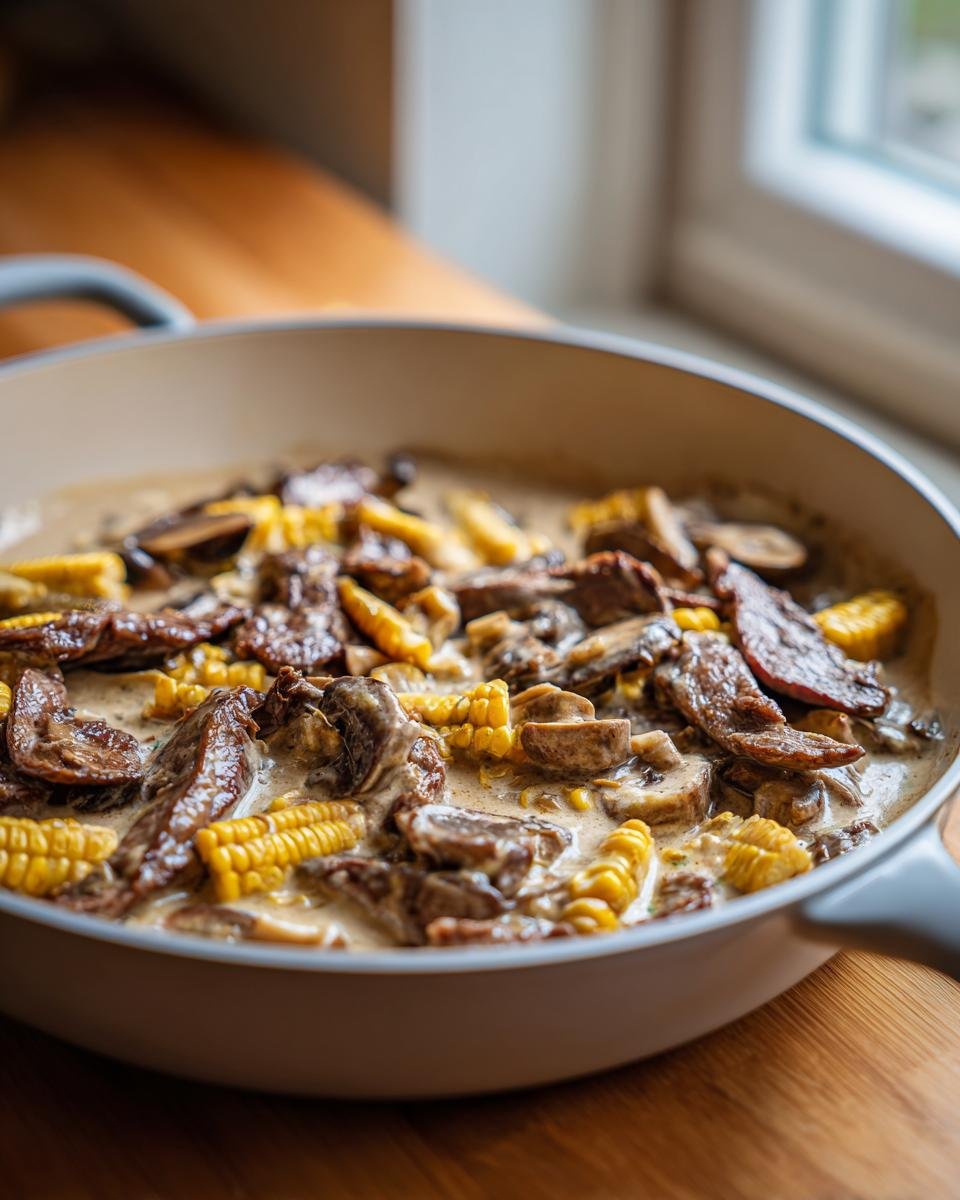 Nahaufnahme der cremigen Gyros-Pfanne mit Frischkäse, Fleischstücken, Pilzen und Maiskolben.