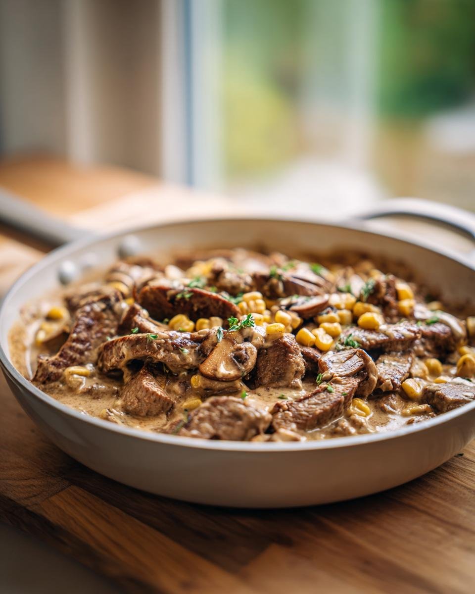 Fertige Gyros-Pfanne mit Frischkäse, Fleischstreifen, Mais und Pilzen in einer weißen Pfanne.