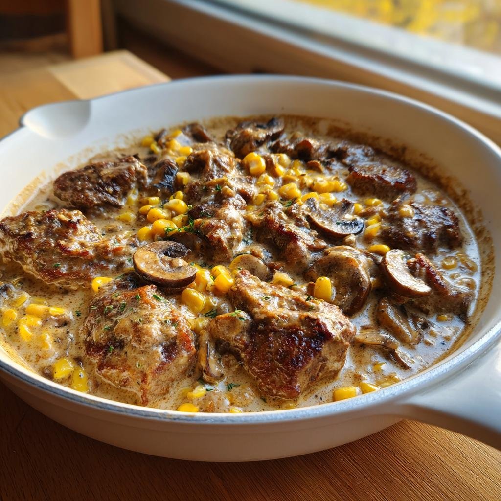 Nahaufnahme der Gyros-Pfanne mit Frischkäse, Fleischstücken, Pilzen und Mais in einer cremigen Sauce.