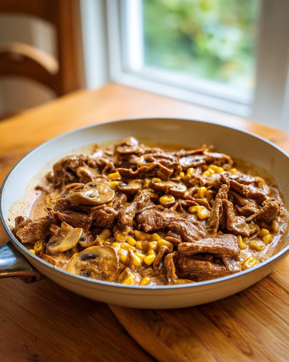 Fertige Gyros-Pfanne mit Frischkäse, Fleischstreifen, Pilzen und Mais in einer weißen Pfanne.