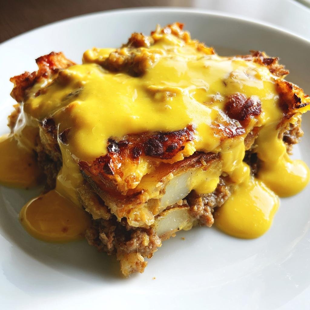 Ein saftiges Stück Gyrosauflauf mit Hollandaise, geschichtet mit Kartoffeln und Hackfleisch.